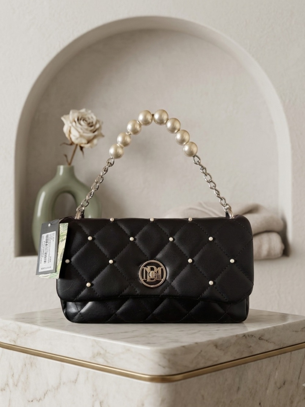 Badgley Mischka Black Quilted Shoulder Bag with Pearl Bead Handle NWT